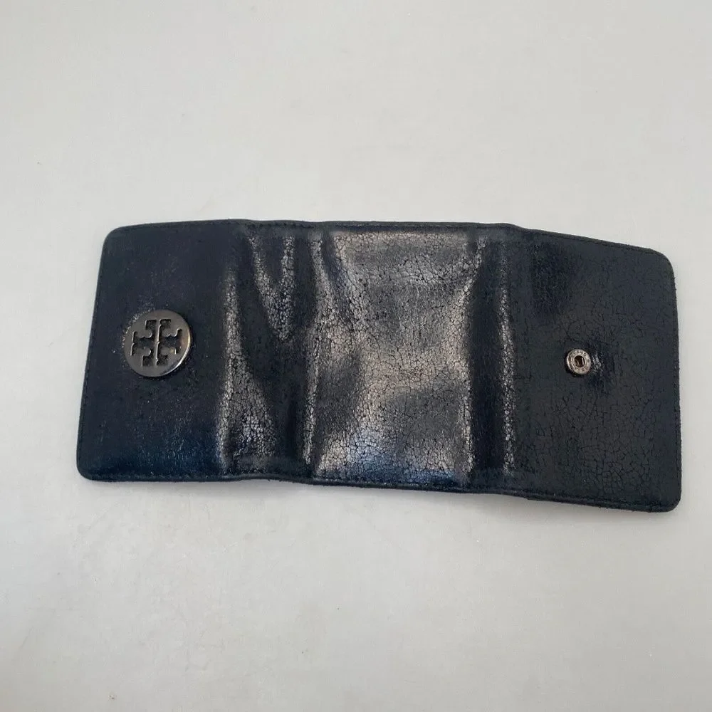 Tory Burch Black Leather Tri-Fold Key Case Mini Wallet – EUC, 5 Hooks, Crackle F